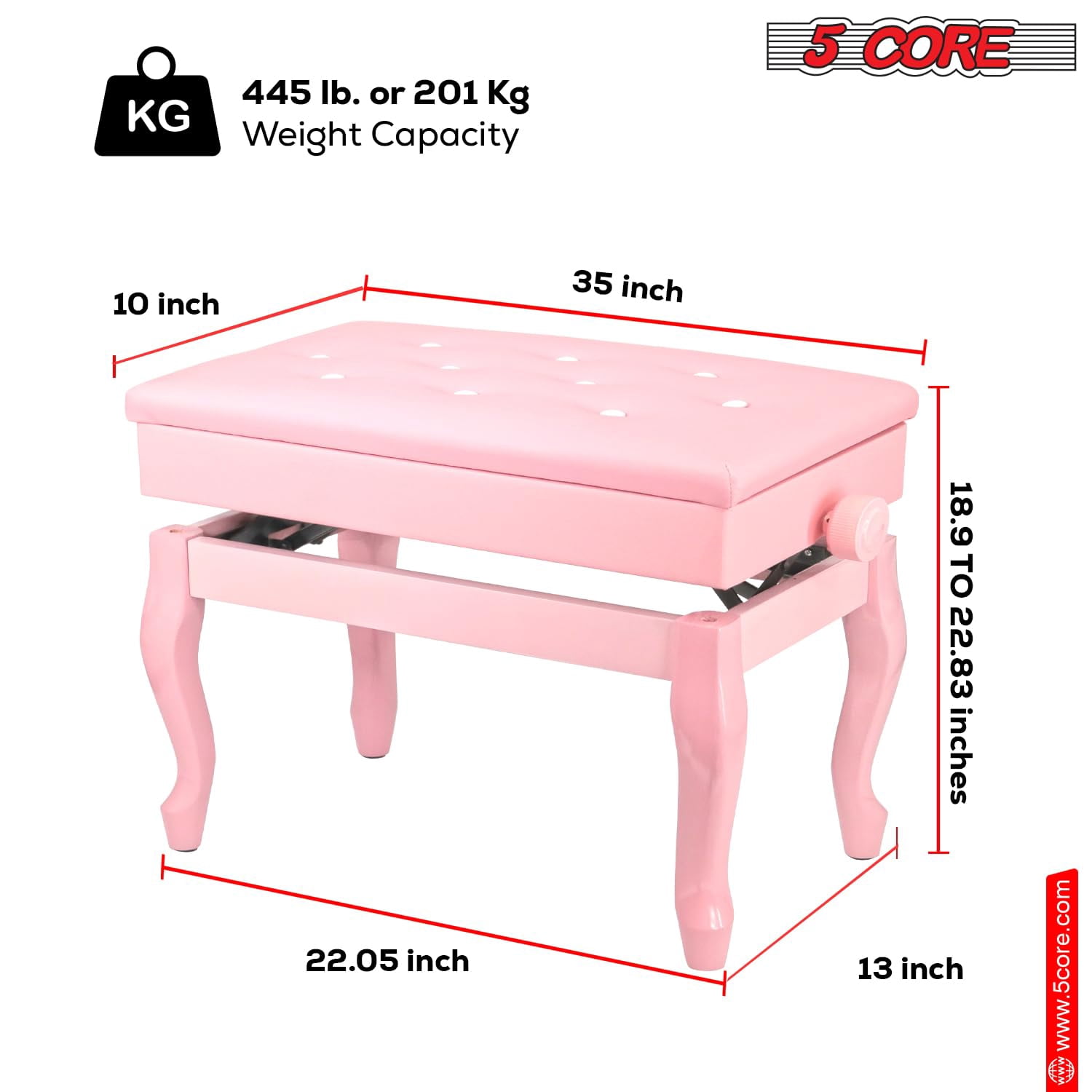 5 CORE Piano Bench with Storage Thick Padded Cushion 3 Inch Adjustable Height Solid Wooden Keyboard Musician Seat with PU Leather Cushion Cherry Pink - PNB WD HD PNK
