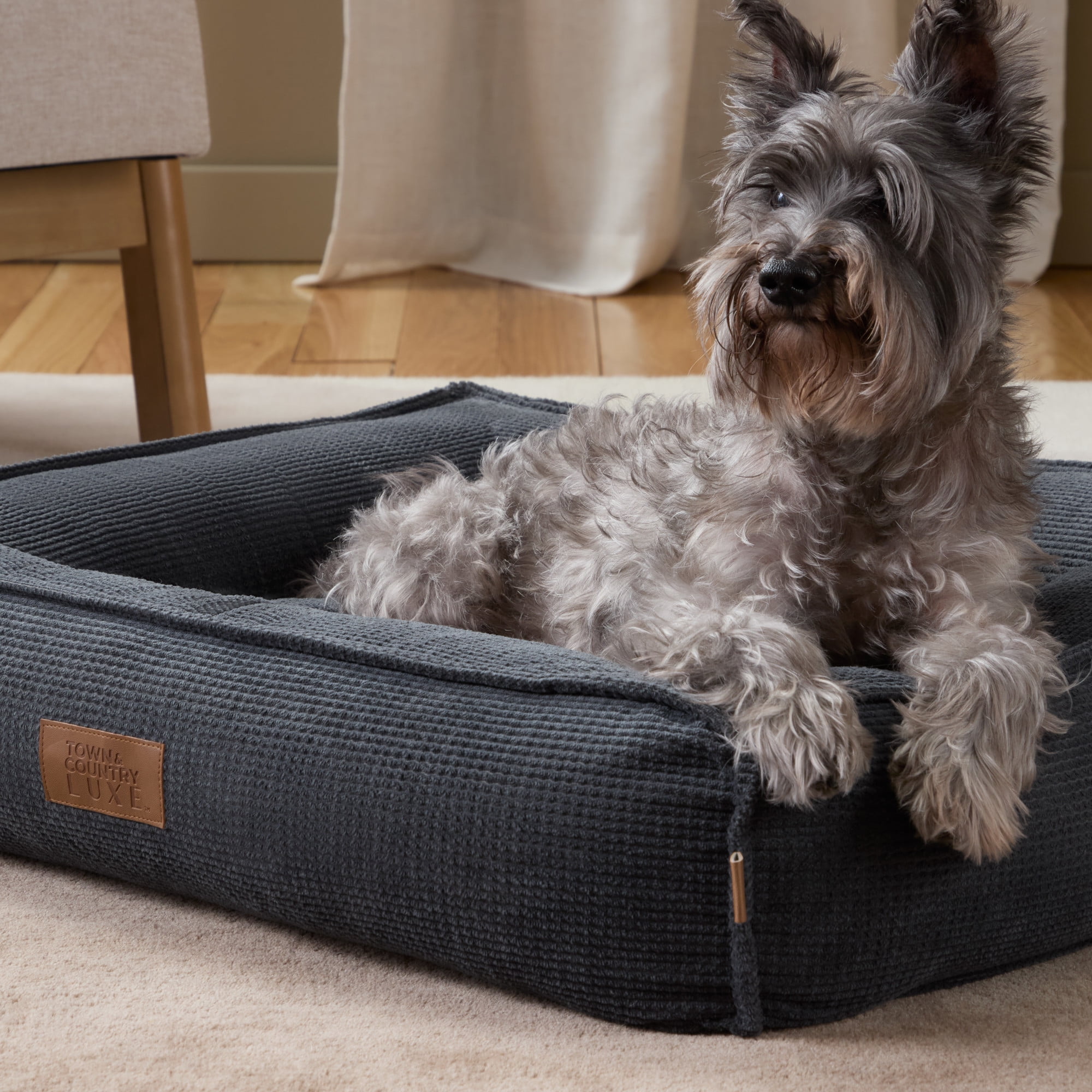 TOWN & COUNTRY LUXE CuddleTown Cozy Bolster Pet Bed, Ribbed Corduroy Texture, Machine Washable Cover, Soft, Cozy & Calming, Non-Slip Bottom, Dark Grey, Medium 27"x22"x7"
