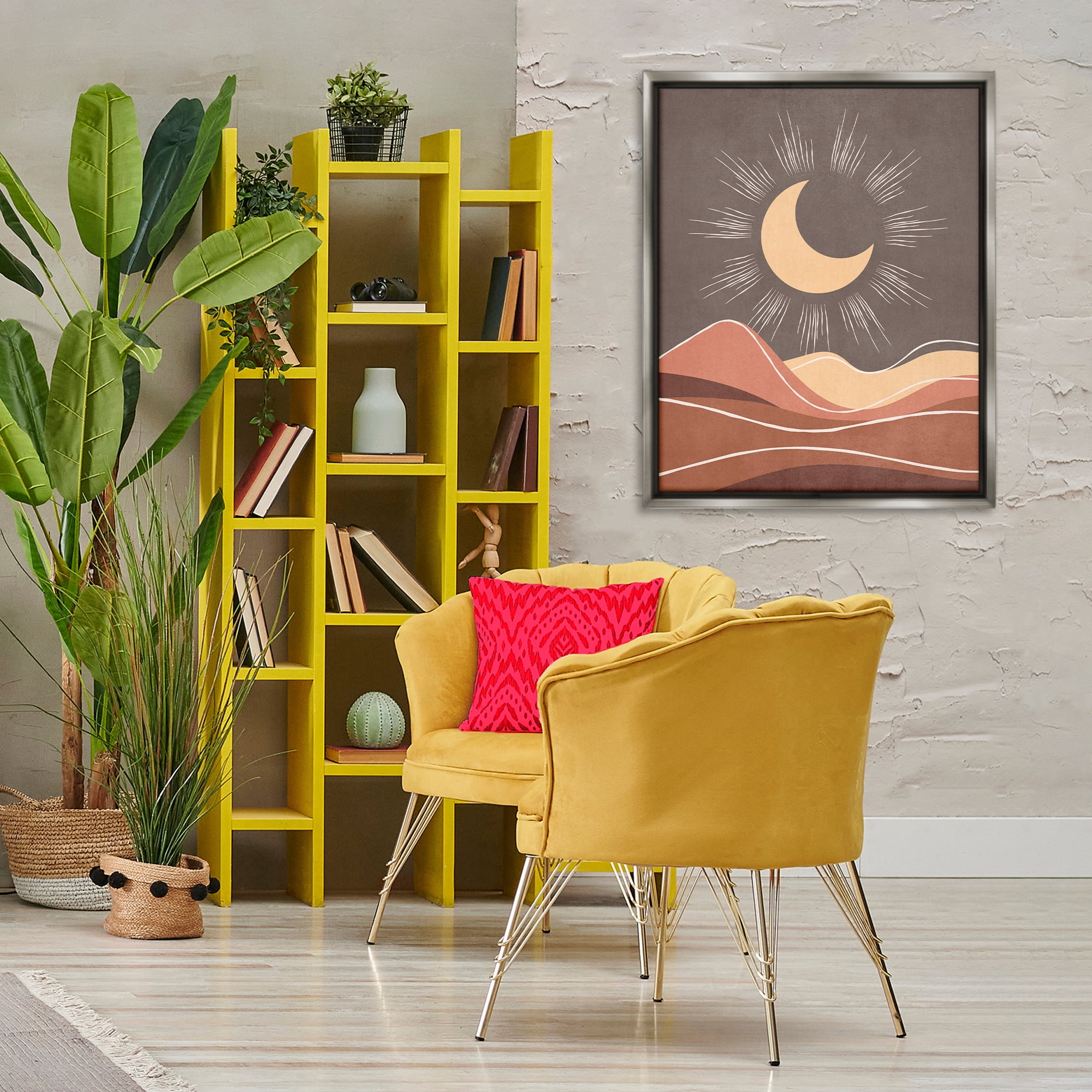 Stupell Industries Boho Moon over Desert Landscape & Nature Painting Gray Floater Framed Canvas Art Print Wall Art, 25 x 31