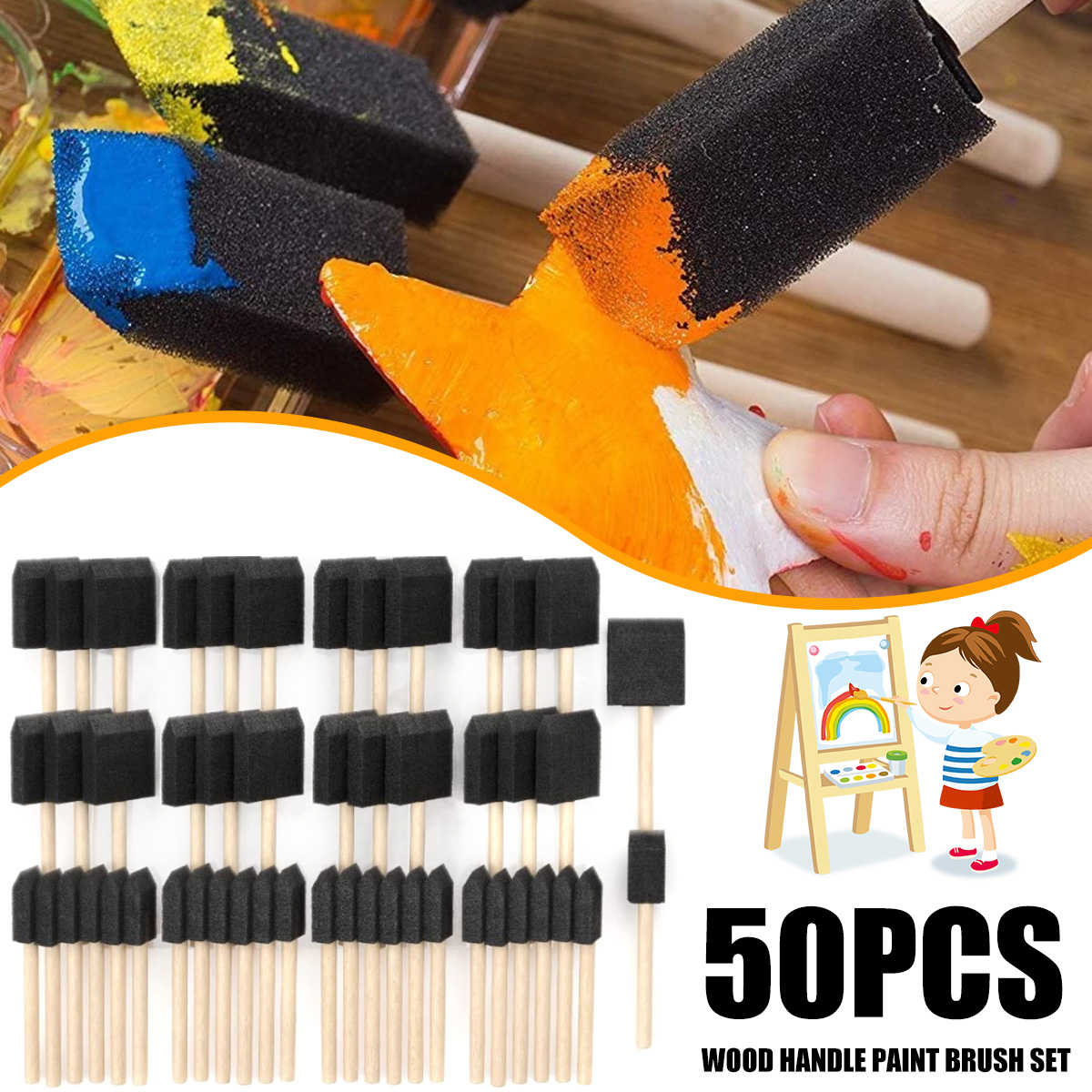 Everso Sponge Brush Set 2 Size Sponge Paint Brush with Handle Wood Grip