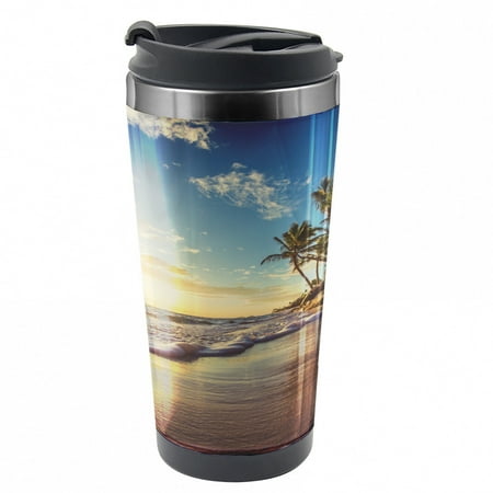 

Ocean Travel Mug Exotic Beach Sunset Steel Thermal Cup 16 oz by Ambesonne
