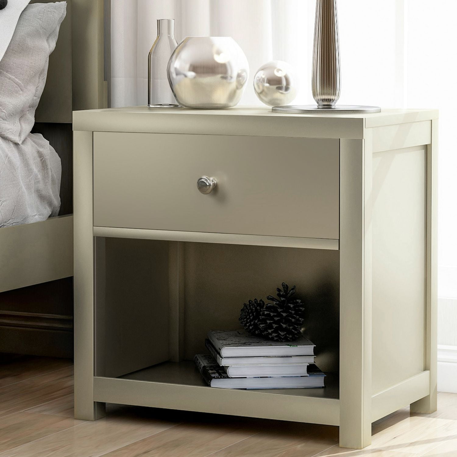Modern 1 Drawer Solid Wood Nightstand Sofa End Table in Platinum Silver