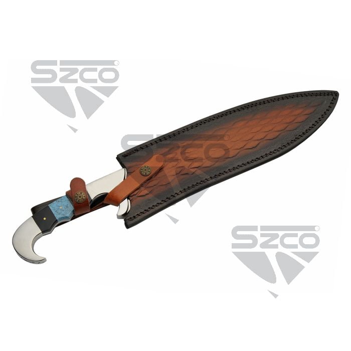 SZCO 18-Inch Heritage Fixed-Blade Field Knife 12.5-Inch Mirror-Polished Stainless Steel Blade with Artisan File-Work and Leather Sheath