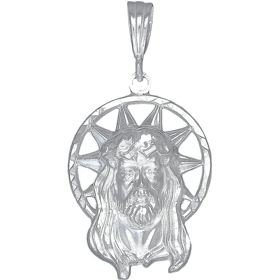 Sterling Silver Jesus Head Pendant Necklace Diamond Cut Finish with 24 Inch Chain