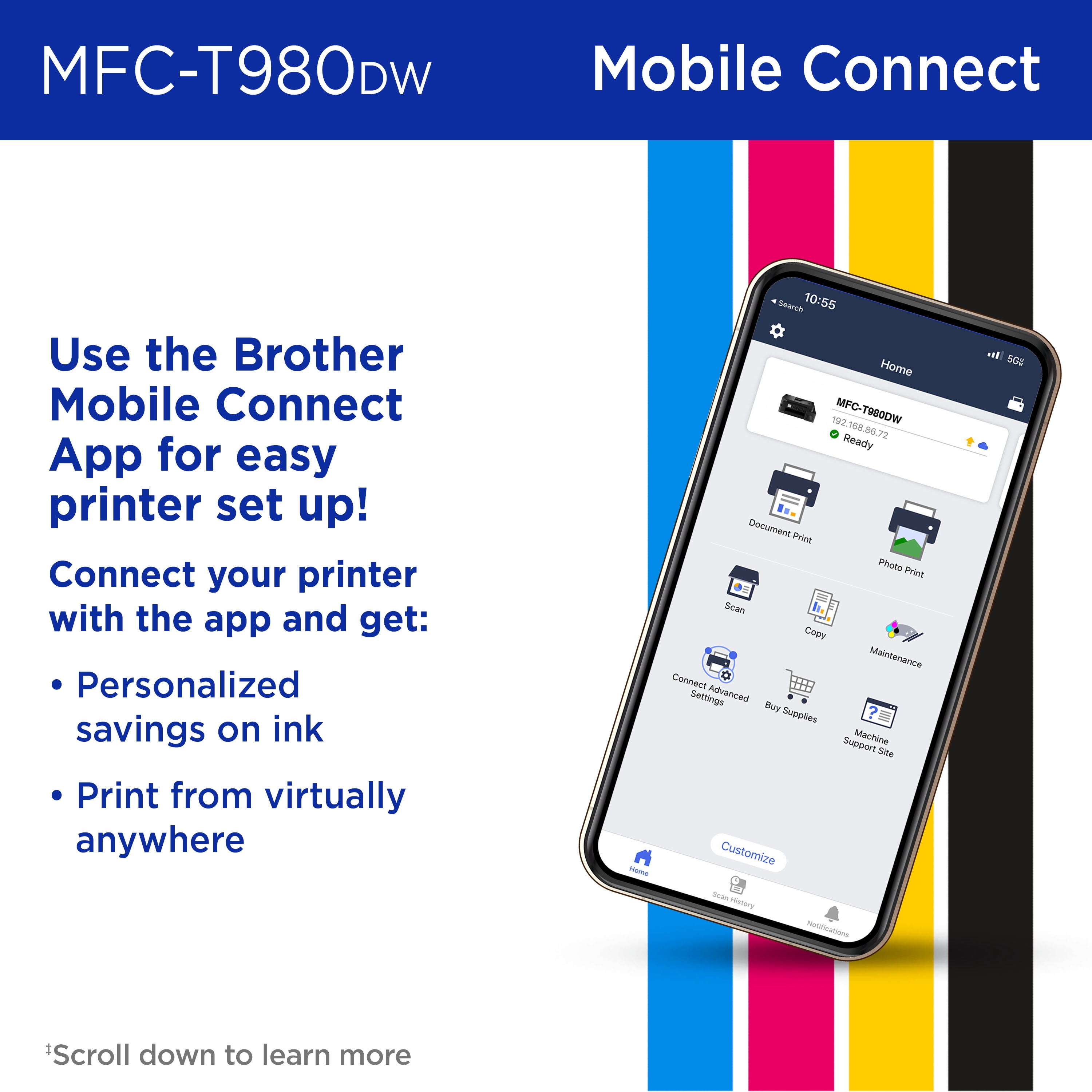Brother INKvestment Tank 980 MFC-T980DW Wireless and Ethernet Color Inkjet All-in-One Printer with Multipurpose Tray and Up to 3 Years of Ink In-Box and 3-year Limited Warranty