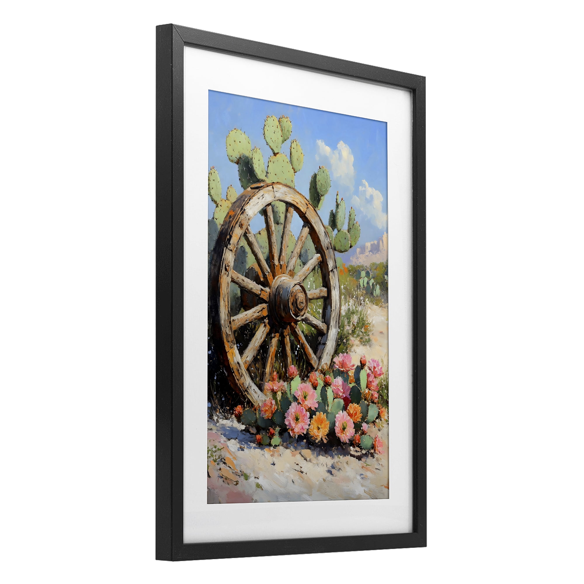 Stupell Industries Wagon Wheel Among Cactus Black Framed Print Under Glass, design by Franklyn Gregory