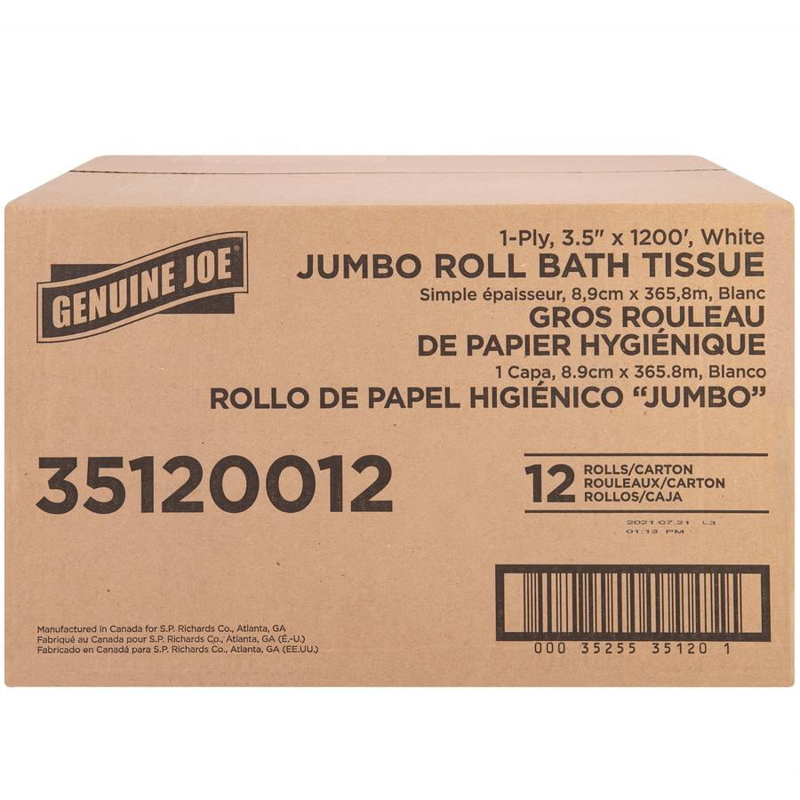 Genuine Joe 1-ply Jumbo Roll Bath Tissue - 1 Ply - 3.63" x 1200 ft - 8.88" Roll Diameter - White - Fiber - 12 / Carton