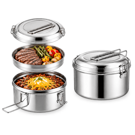 Damkogic 3-in-1 Stainless Steel Camping Pot with Locking Lid, Foldable Handle & Inner Divider, 1.1L for Hiking, Picnic, Outdoor