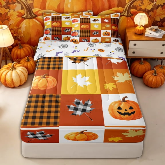 Manfei Watercolor Autumn Pumpkin Zipper Twin Comforter Sets with Fitted Sheet and 2 Pillowcases for Kids, Fall Plaid Maple Leaf Zipper Bedding Set, Halloween Reversible, 4-Piece