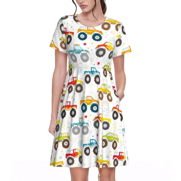 Bixox Women's Short Sleeve Summer Dress Loose Swing Knee Length Dresses with Pockets-Cartoon Monster Trucks