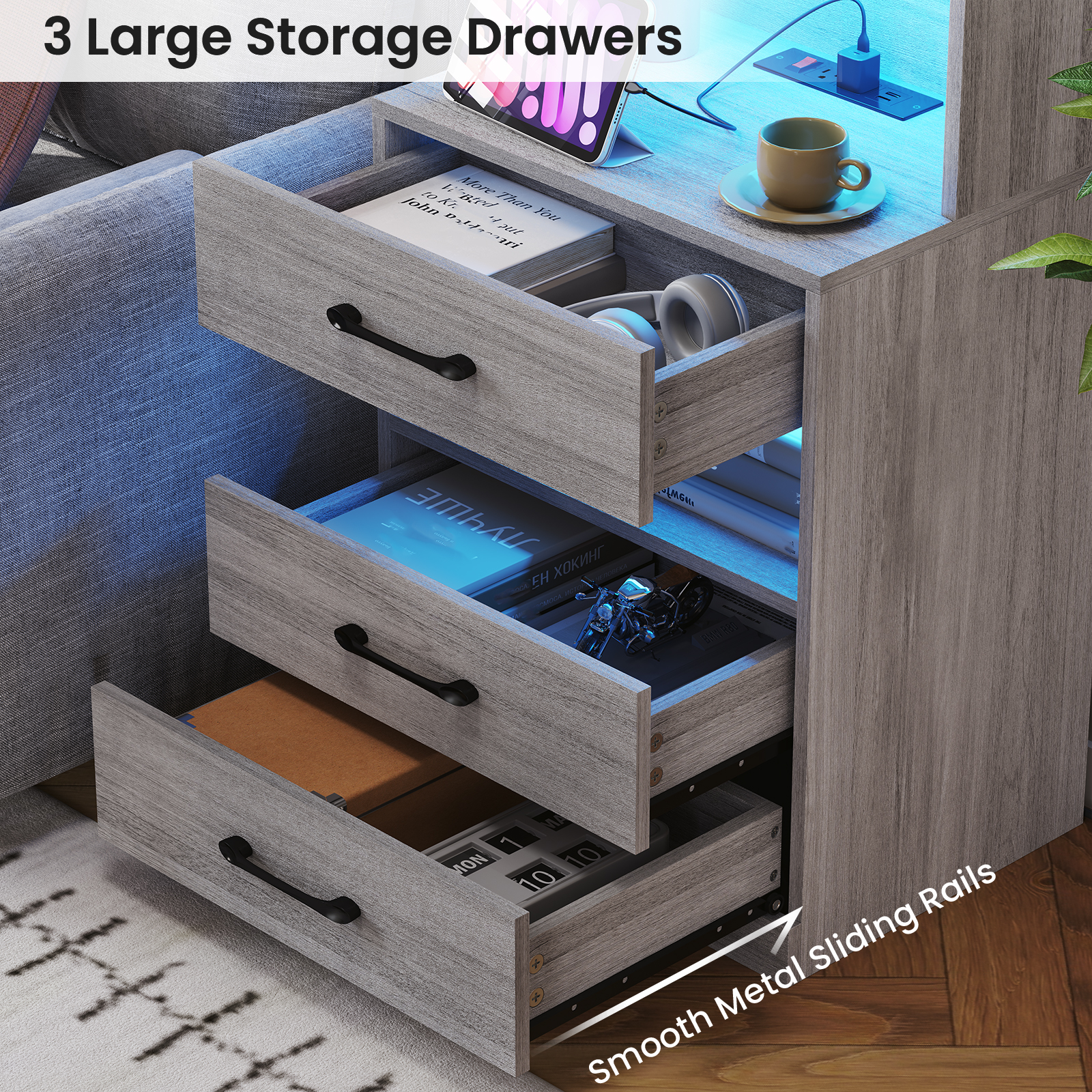 AOGLLATI Tall Nightstand with Charging Station and LED Lights Bookshelf, Bedside Table with 3 Drawers and Storage Shelves, End Side Table for Bedrooms