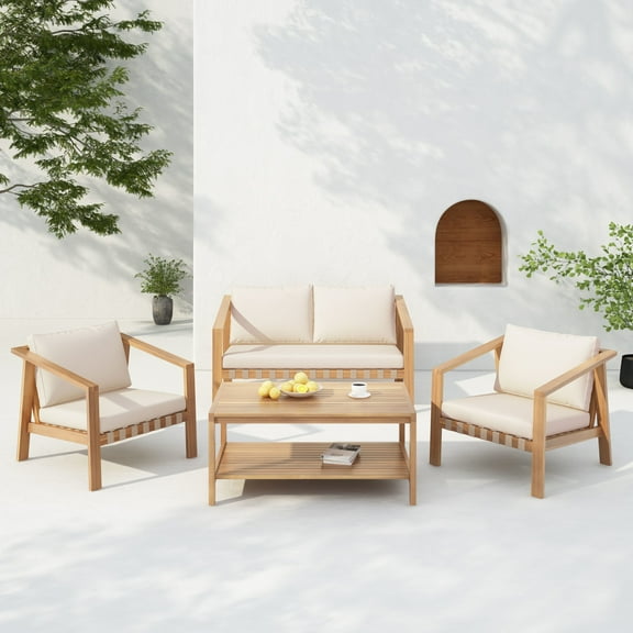 Christopher Knight Home 4-Piece Outdoor Chat Set with Slatted Table, Rope Backrest Loveseat & Chairs, Beige Cushions