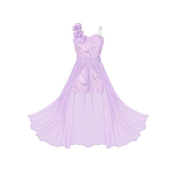 iefiel Kids One Shoulder Flower Girl Dress Sequin Lace Sleeveless Maxi Dress Formal Prom Dance Romper Gown Lavender 8