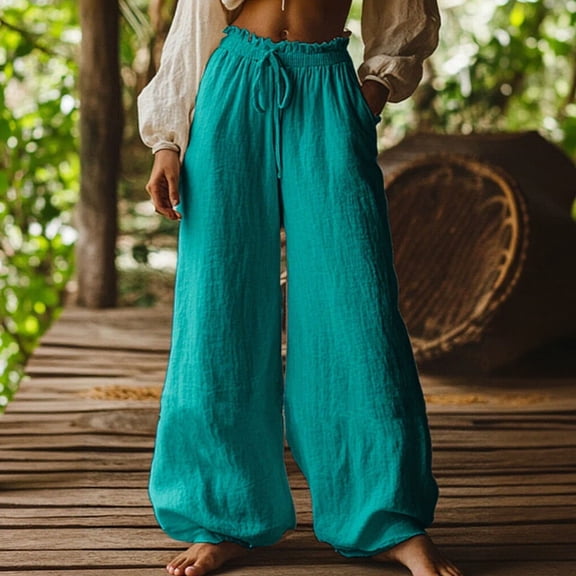 Xdegoge Boho Harem Pants for Women Smocked High Waist Lantern Trousers Baggy Flowy Hippie Lounge Bottoms Summer Beachwear