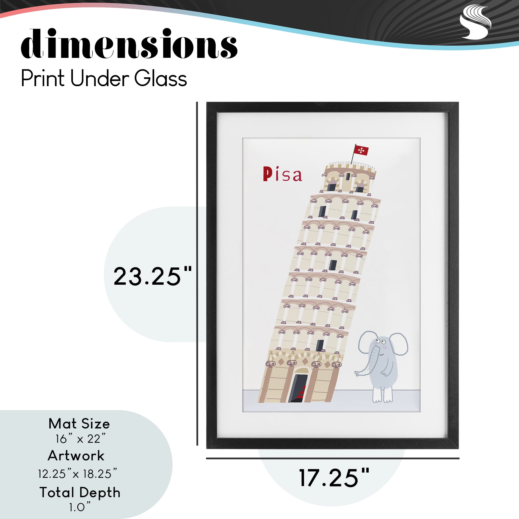 Elephant & Leaning Tower Pisa Black Framed Print Under Glass, design by Carla Daly