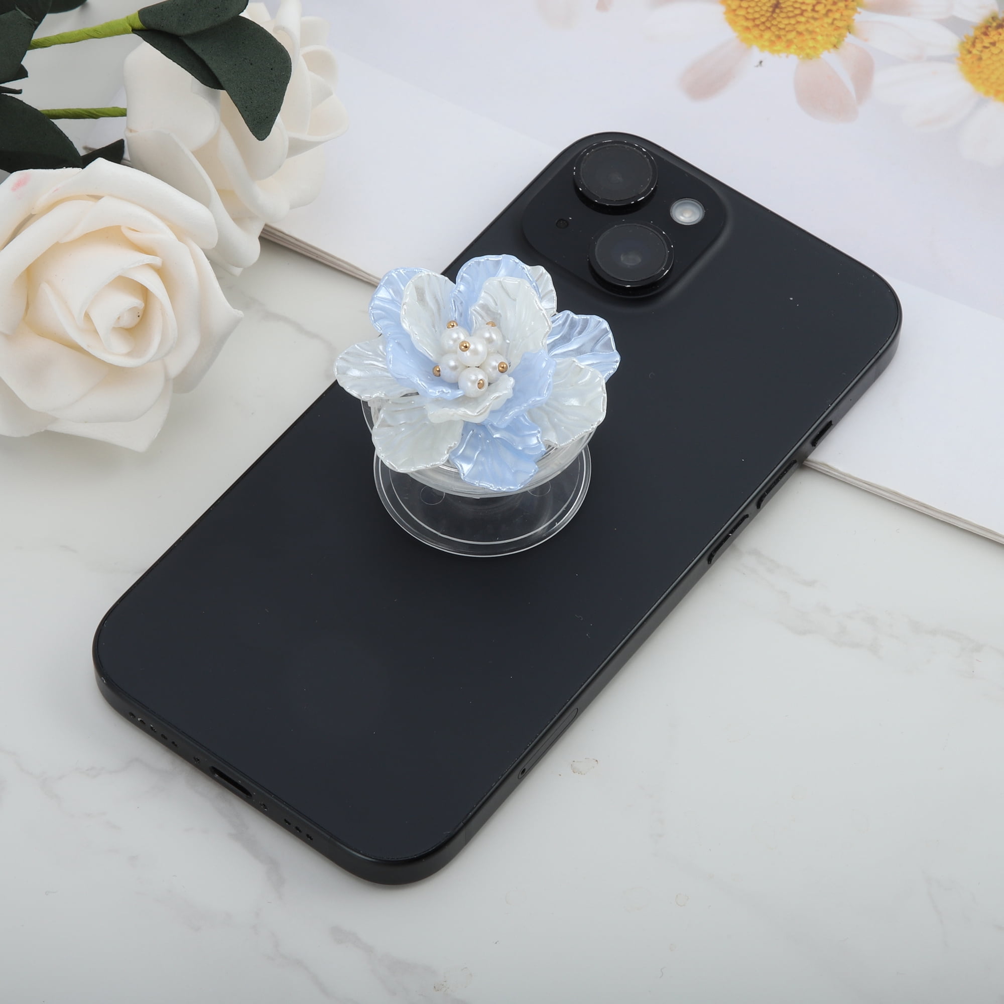 Unique Bargains Shell Flower Phone Grip 1 Pc Blue White