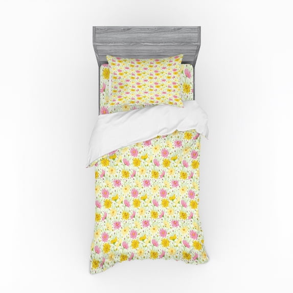 Floral Duvet Cover Set, Pastel Toned Summer Blossoms Field with Flourishing Seasonal Birthday Chamomiles, Bedding Set with Shams and Fitted Sheet, 3 Sizes, by Ambesonne