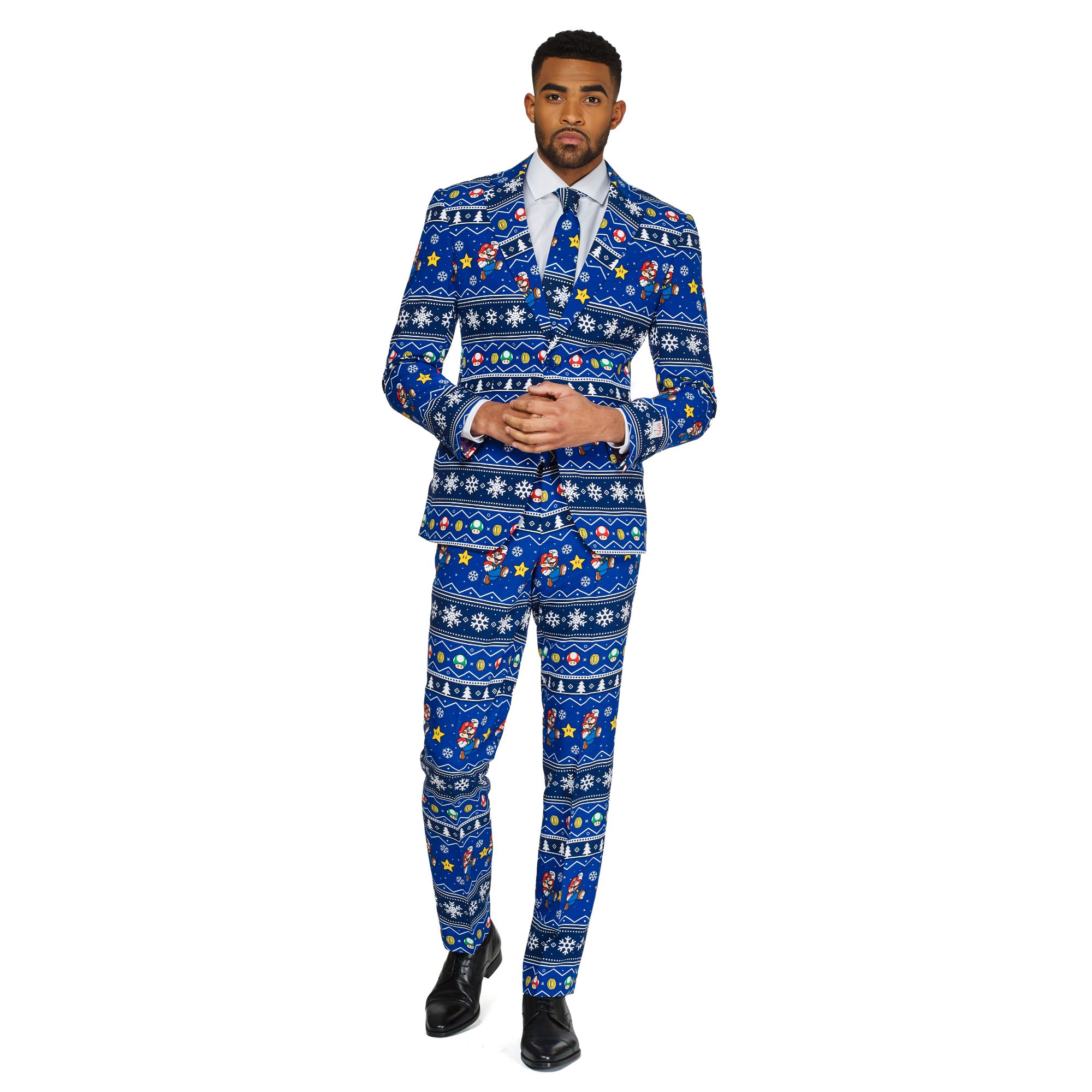 OppoSuits White and Blue Merry Mario Printed Men's Adult Christmas Suit Extra Large
