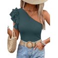 thumbnail image 3 of Camisas de Mujer con Volantes, Corta, Hombros Descubiertos, Corte Entallado, Cuello Alto, Punto Acanalado Azul Marino L, 3 of 8