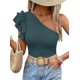 thumbnail image 3 of Camisas de Mujer con Volantes, Corta, Hombros Descubiertos, Corte Entallado, Cuello Alto, Punto Acanalado Azul Marino L, 3 of 8