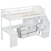 Pinovk Twin Size Loft Bed with L-Shaped Desk and Drawers, Cabinet and Storage Staircase, White