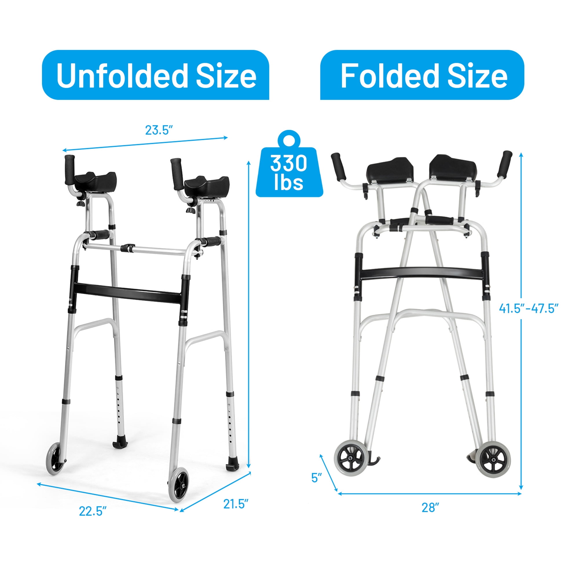 Gymax Folding Walker Aluminum Walking Aid Adjustable Walking Frame with Wheels Sliver