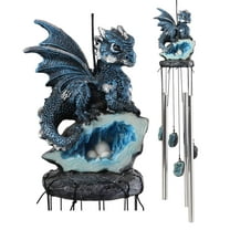 Ebros Blue Dragon Guarding Crystal Crown Top Resonant Wind Chime with Ornaments