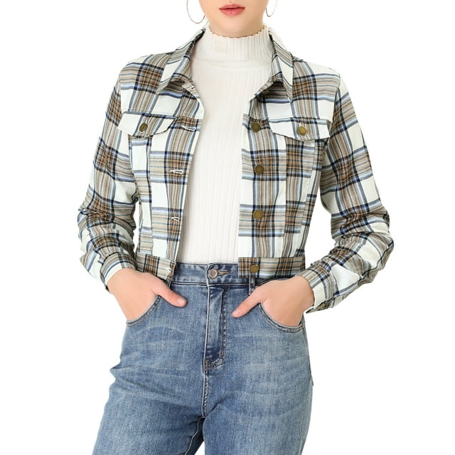 INSPIRE CHIC Women Classic Vintage Button Front Closure Chest Pocket Plaid Crop Jacket