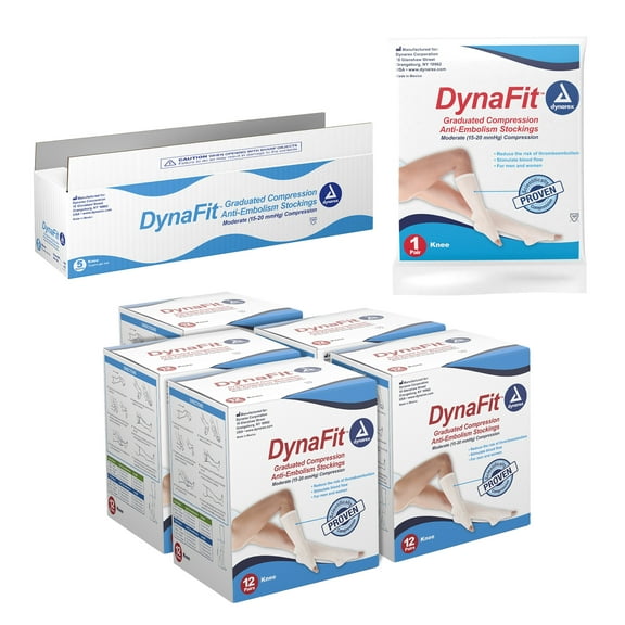 Dynarex DynaFit Compression Stockings Knee High, 15–20 mmHg, Help Prevent Blood Clots, Relieve Pain & Varicose Veins, White, Medium, 1 Case of 60 (5 Boxes of 12)