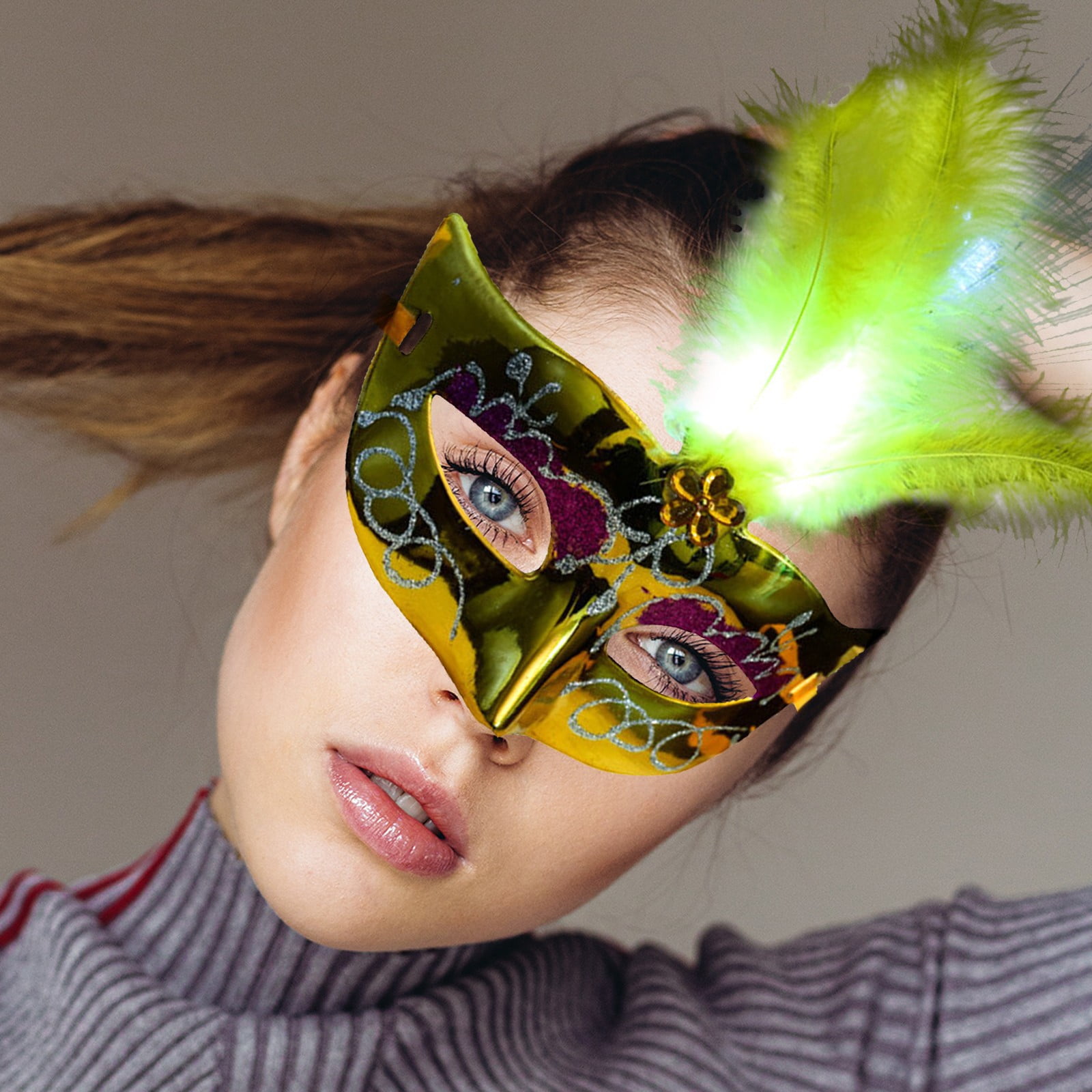 Women Venetian LEDFiber Mask Masquerade Fancy Dress Party Princess Feather Masks 