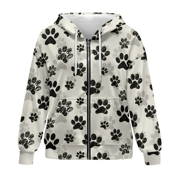 SCRAWLGOD Dog Paw Womens Zip Up Hoodie Women Oversized Sweatshirt Graphic Design Long Sleeve Hooded Zipper Sweater Women Office Lightweight Ladies Hoodies Zip Front Size XS