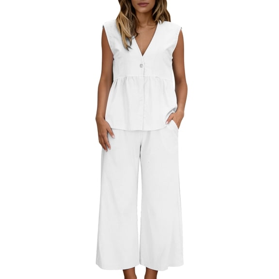 Bixock Women's Work Set,Tank Top Long Pants Outfits,Leisure Solid Color V-Neck Sleeveless Top Pocket Long Pants Commute Set