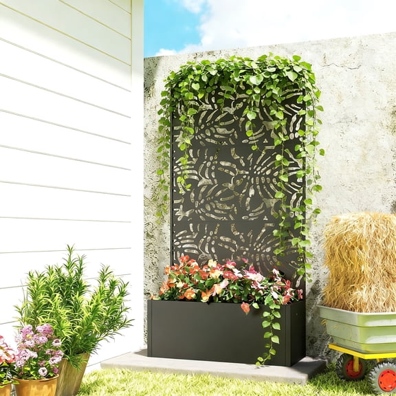 Outsunny Metal Planter Box with Trellis for Climbing Plants, 71" Tall Raised Garden Bed with Privacy Screen and Drainage Holes, Banana-Leaf Cut-Outs