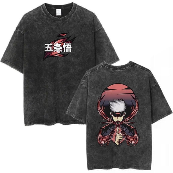 YOUSHENGER Men's Anime Satoru Cotton TShirt Hot Print Gojo Washed Loose Tees Summer Casual T-Shirts