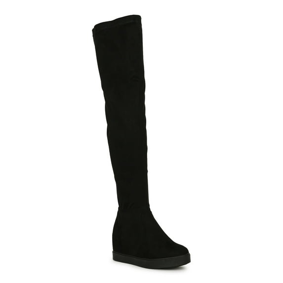Women's Faux Suede Round Toe Platform Hidden Wedge Thigh High Boot 19776