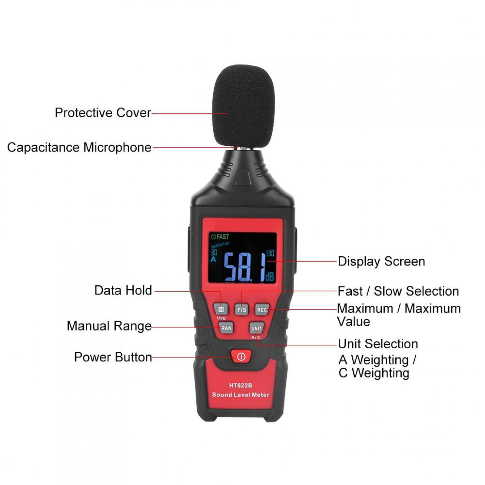 HT622B Portable High Presision Professional Sound Level Meter Decibel Meter for Home for Residential Areas for Schools 