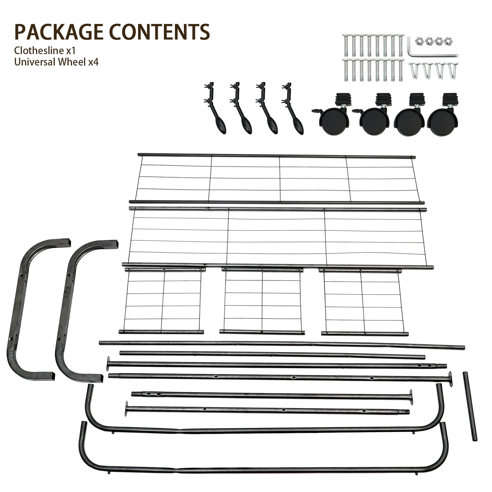 ALSO GO 3-In-1 Double Rod Clothes Rack with 4-Shelf, Metal Clothing Rack with Wheels & 4 Hooks, Portable Heavy Duty Garment Rack with Double Bottom Shelves, Freestanding Organizer  for Bedroom, Black