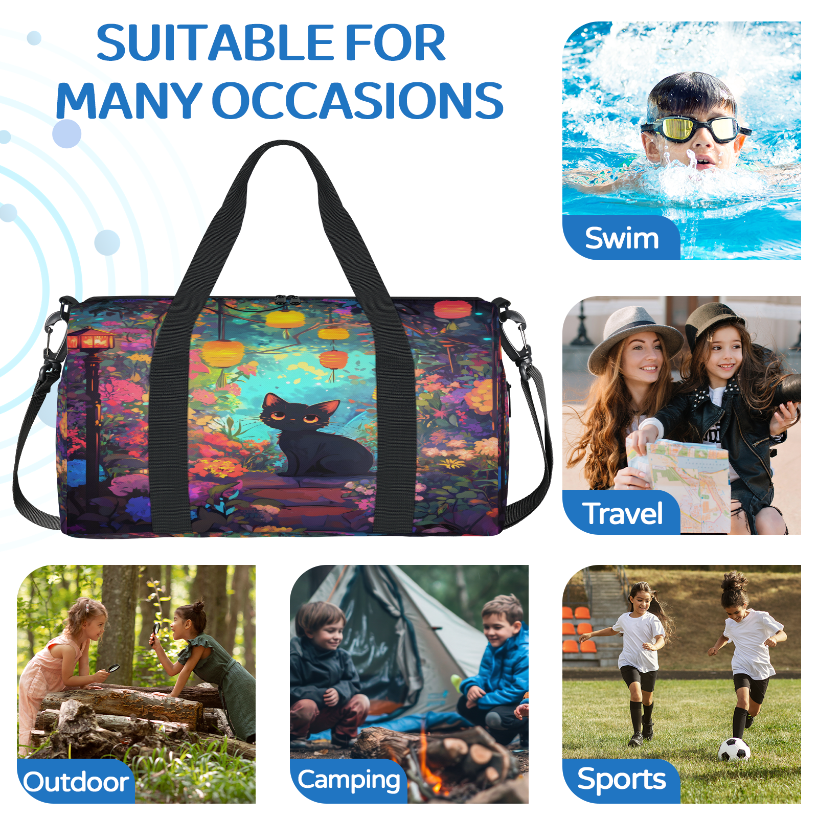Herdesigns Cute Gym Bag for Women, Cat Duffle Bag for Travel Sport, Lightweight Waterproof Carry on Weekender Overnight Dance Yoga Workout Bags