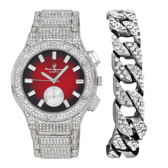 Charles Raymond Big Bling Watch Inspired by Hip Hop - Men's Iced Out Timepiece- Diamond Rhinestones on Blast - ST10311 MB SLV Red -C