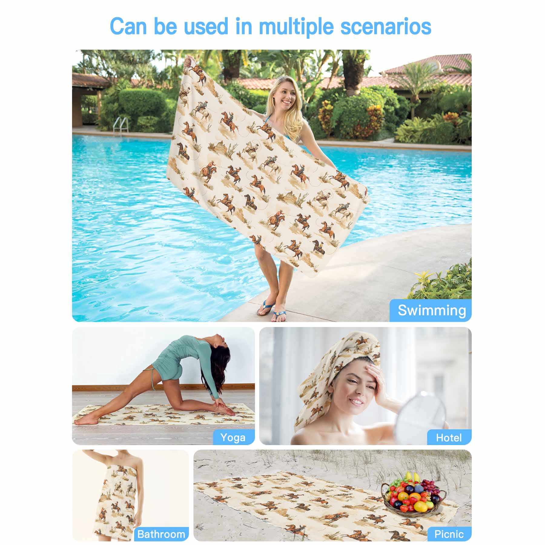 Farmhouse Western Beach Towels Blanket Soft&Absorbent Quick Dry Microfiber Cowboy Desert Horse Print Pool Towels for Swimming ,Yoga, Sports, Gym, Camping,Large 35X70in, Brown Beige