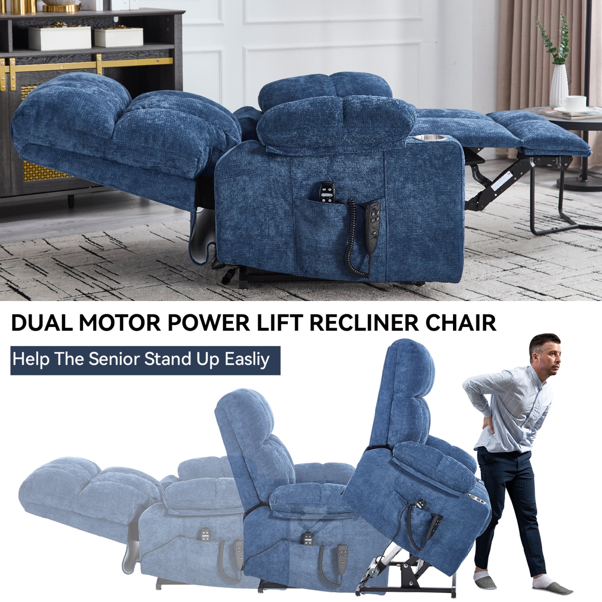 Leumius Power Lift Recliner Chair for Elderly,Heavy Duty Recliner with 8-Point Vibration Massage and Lumbar Heating,Infinite Position,Up to 350 LBS,Blue