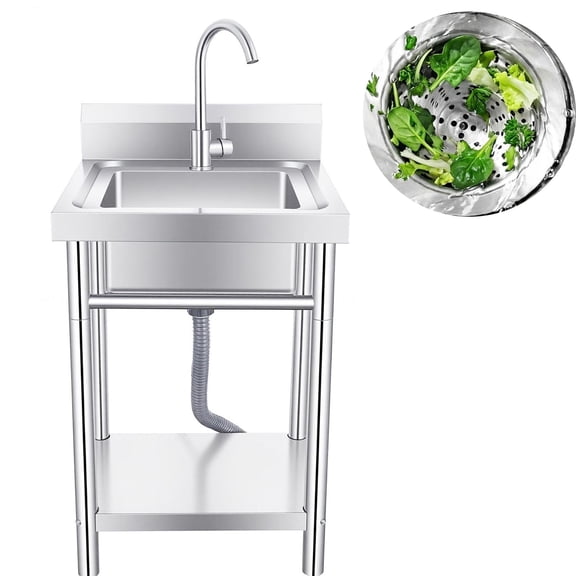 Laundry Freestanding Stainless Steel Sink, Single Bowl Commercial Restaurant Kitchen Sink with Hot and cold water facult, Utility Washing Hand Basin Storage Shelve for Indoor Outdoor