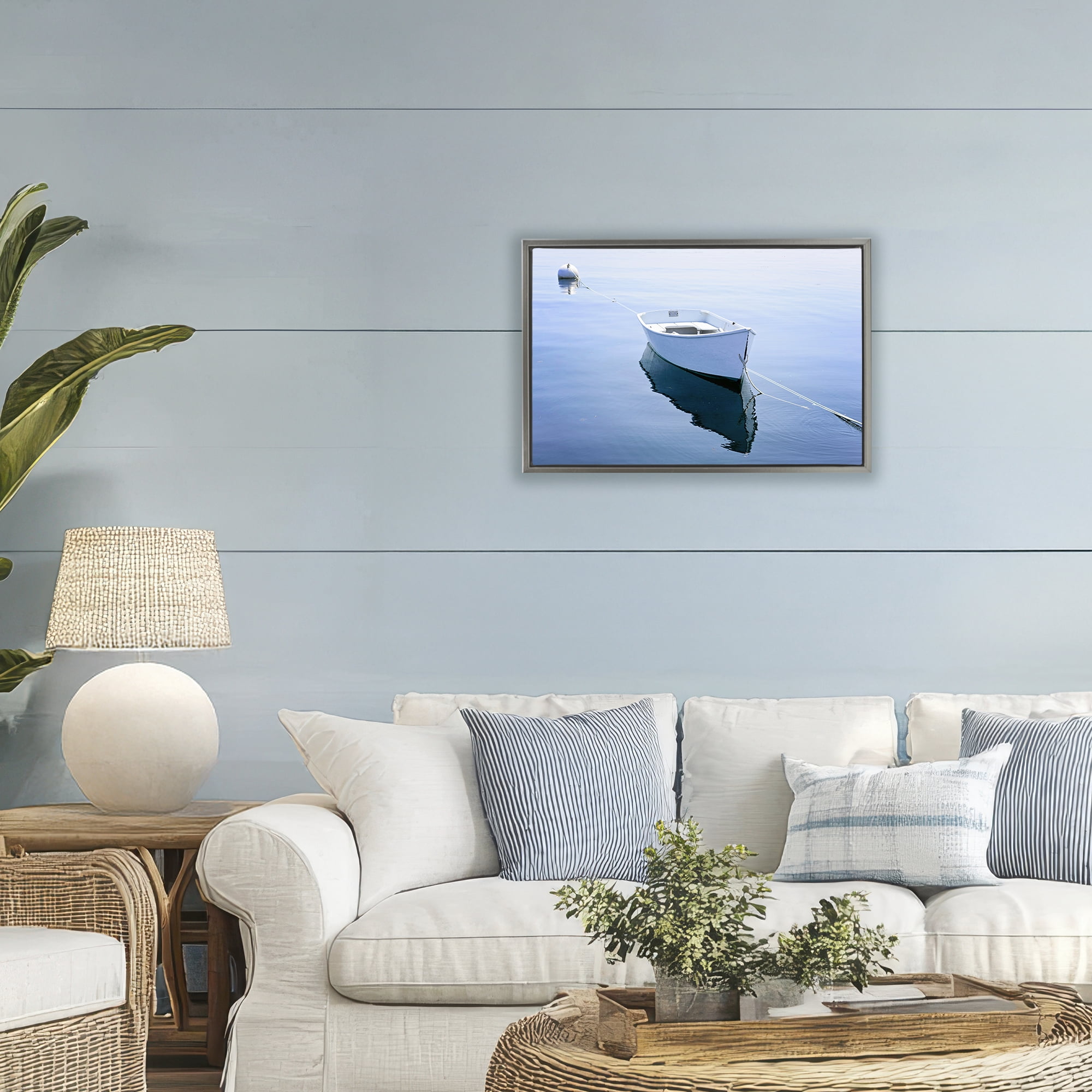 Stupell Industries Boat Tied to Dock Gray Framed Floater Canvas Wall Art, design by JLM Photographs