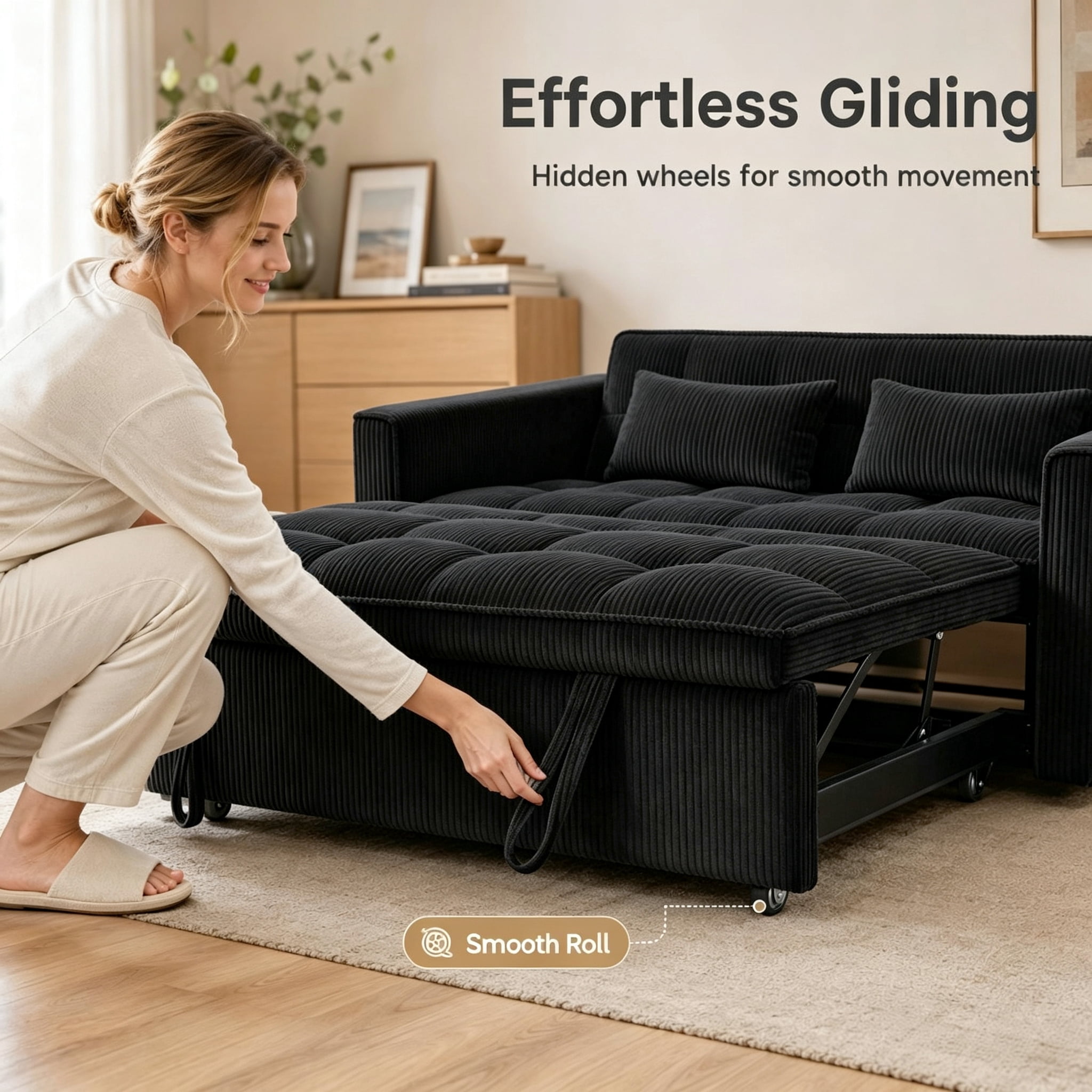 Wakefit 54" 3 in 1 Convertible Sleeper Sofa Bed, Corduroy Loveseat Couch Bed Sofa Pull Out with 5-Position Adjustable Backrest, Storage Pockets, Lumbar Pillows for Living Room, Black