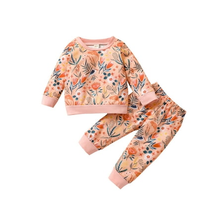 

Suanret 2Pcs Autumn Kids Baby Girls Casual Clothes Set Leaves Flower Printed Pullover Pants Spring Clothes Pinkish orange 12-18 Months