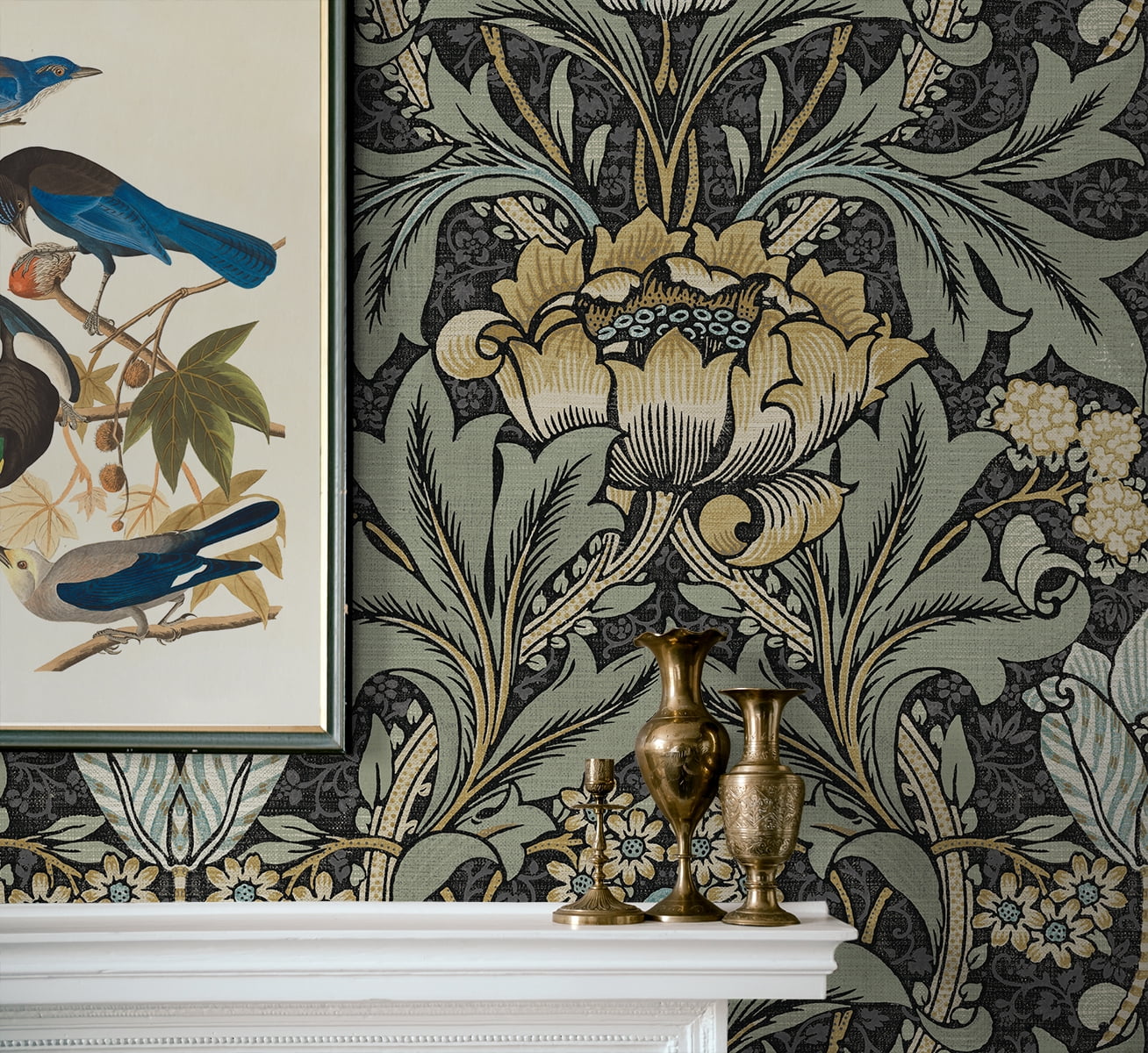 NextWall Charcoal & Goldenrod Acanthus Floral Peel and Stick Wallpaper
