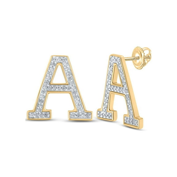10kt Yellow Gold Womens Round Diamond A Initial Letter Earrings 1/6 Cttw