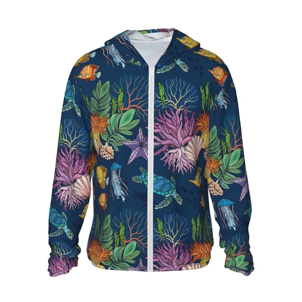 Fotbe Undersea Animals Chaqueta con Protección Solar UPF 50+ para Hombre y Mujer, Camisa con Capucha y Bolsillos-3X-Large