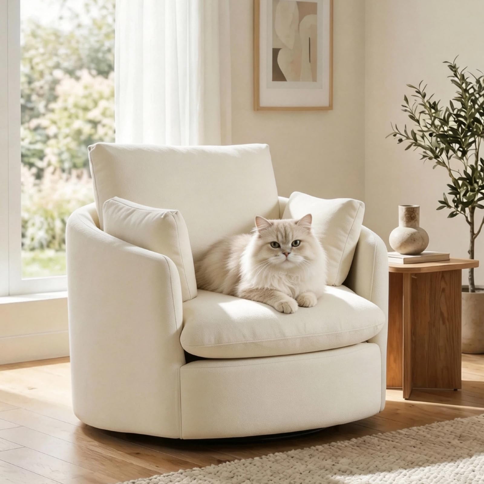 Lovableguy 42.52" W Chenille Swivel Accent Chair,Comfy Swivel Barrel Chair Round Chair with Removable Cushion ＆ 3 Pillows for Living Room,Bedroom,Apartment,Beige