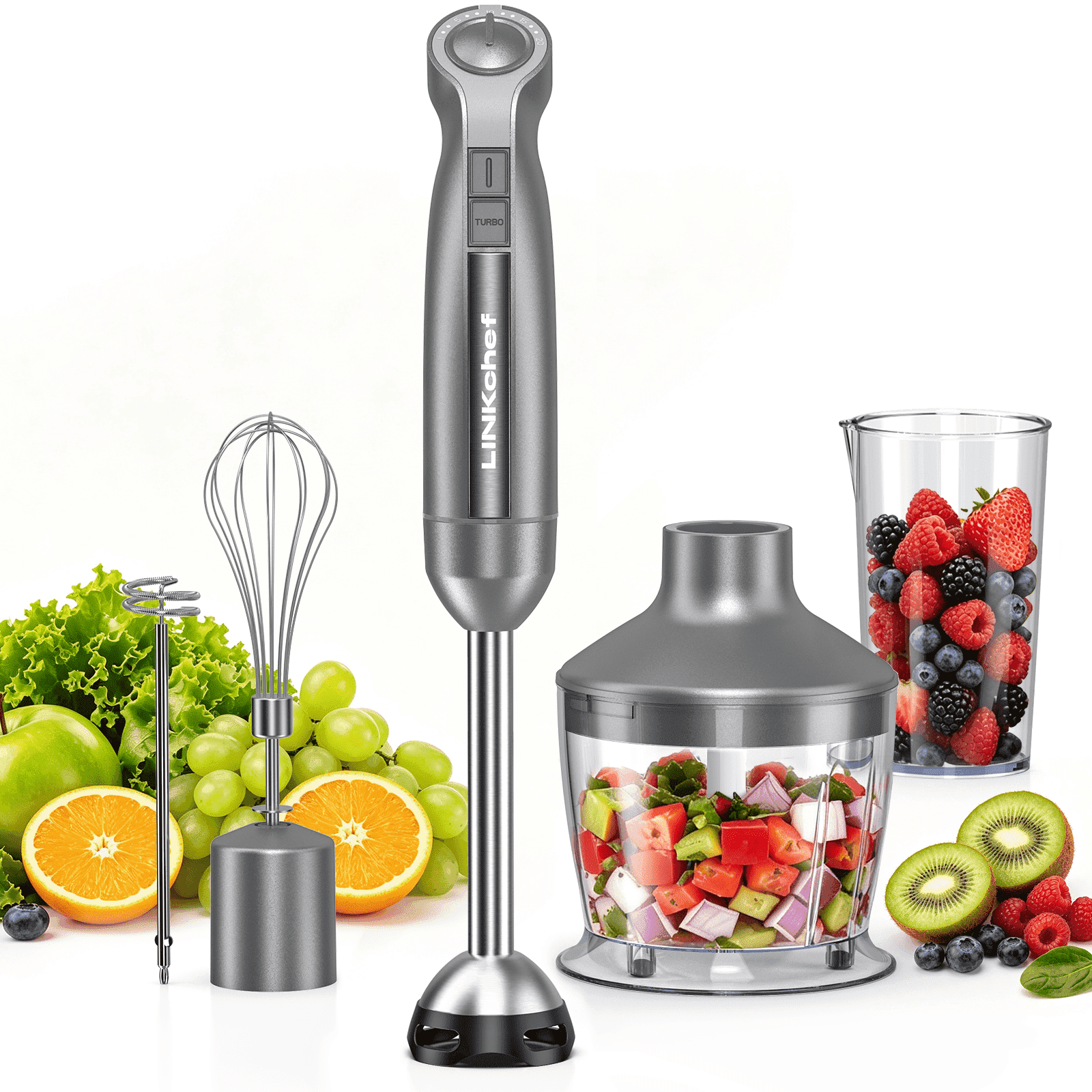 1000W Immersion Blender 5-in-1, 20-Speed Hand Blender with Chopper, Whisk & Milk Frother, Stainless Steel Stick Blender
